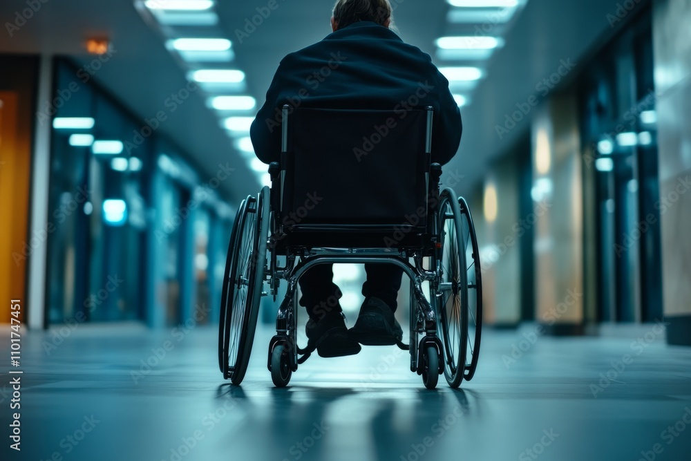 Obraz premium A lone figure in a wheelchair moves through a modern hallway. The atmosphere is both peaceful and reflective. Emphasizing accessibility and independence. Generative AI
