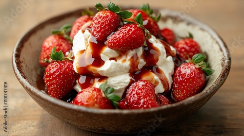 Strawberries served with cream and caramel sauce in a rustic ceramic bowl