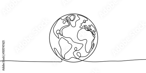 One continuous line drawing of Earth globe. World map in simple linear style. Travel and flight concept in editable stroke. Doodle vector illustration