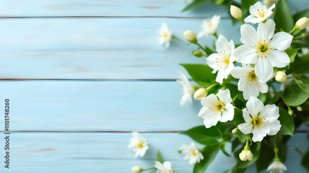 Fototapeta premium A cluster of pristine white flowers with vibrant yellow centers adorns a pale blue wooden surface. Soft lighting enhances the delicate petals and lush green leaves.