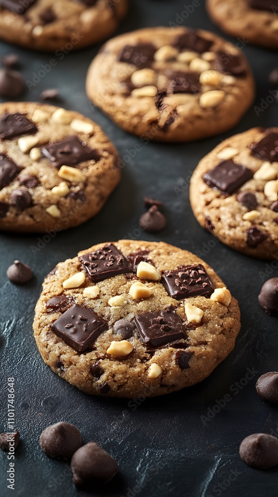 Close-up of freshly baked chocolate chip cookies with nuts on a dark background. Close-up of freshly baked chocolate chip cookies with nuts on a dark background.