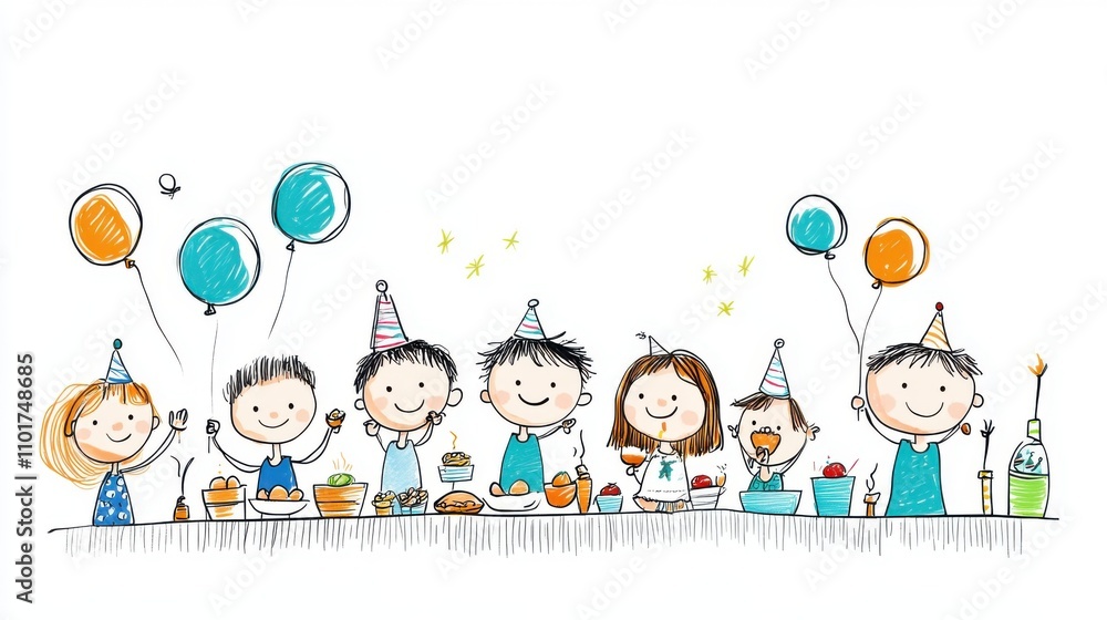 Colorful Children's Birthday Party with Happy Kids, Balloons, Cake, and Fun Festive Decorations Colorful Children's Birthday Party with Happy Kids, Balloons, Cake, and Fun Festive Decorations