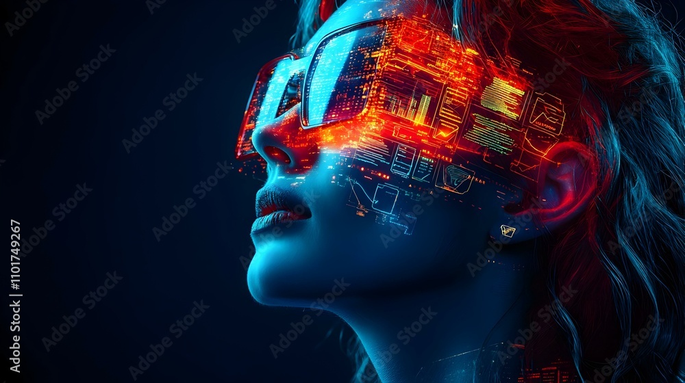 Close Up Portrait of Marketer with Augmented Reality Overlay Showing Digital Marketing Metrics and Icons Close Up Portrait of Marketer with Augmented Reality Overlay Showing Digital Marketing Metrics and Icons