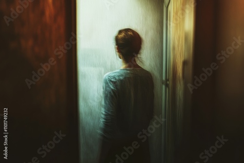 A woman stands in a dim corridor. The shadows create a mysterious mood. This image evokes a sense of solitude and reflection. Ideal for artistic projects. Generative AI