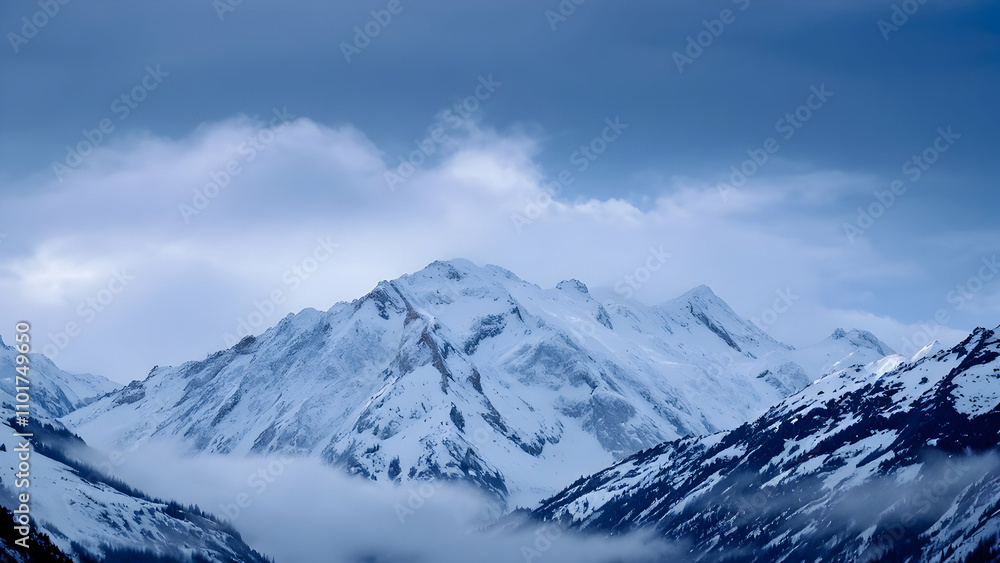 Snowcapped mountains rise under a partly cloudy blue sky. Low clouds partially obscure the lower slopes, creating a dramatic winter landscape. Snowcapped mountains rise under a partly cloudy blue sky. Low clouds partially obscure the lower slopes, creating a dramatic winter landscape.