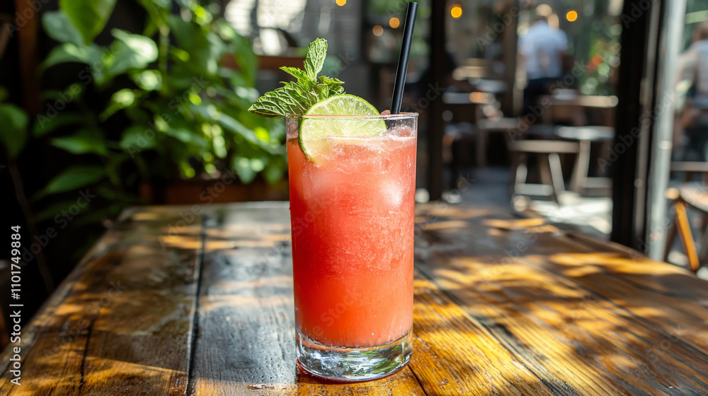 Refreshing cocktail with mint and lime on rustic wooden table