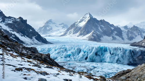 A breathtaking view of a glacial valley nestled between snowcapped mountains. The glaciers vibrant blue ice contrasts sharply with the dark rock and white snow.