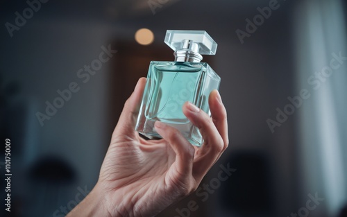 A hand holds a rectangular bottle of perfume or cologne. The bottle is made of clear glass and contains a light teal liquid. photo