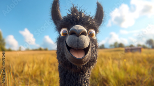 Happy Llama in Golden Field  Cute Cartoon Animal