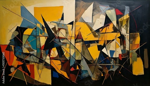 Abstract art work decorative background with cubism style in vibrant colors and geometric shapes