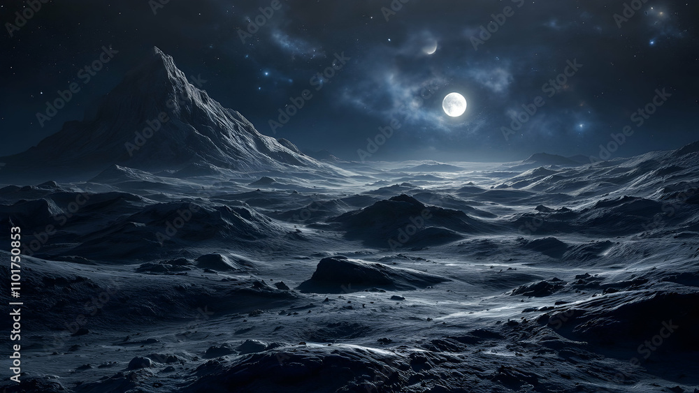 Fototapeta premium A digital painting of an alien landscape at night. A large moon and stars illuminate a desolate, mountainous, snowcovered terrain. The scene is cold and otherworldly.