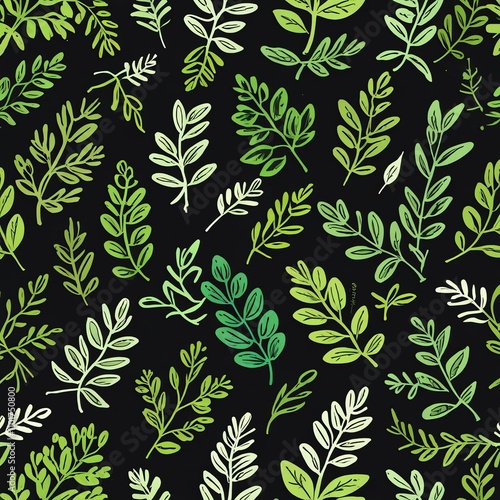 Vibrant Green Botanical Illustration: A Seamless Pattern of Hand-Drawn Leaves