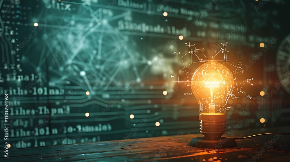A glowing light bulb symbolizes ideas and innovation against a backdrop of scientific equations and data. A glowing light bulb symbolizes ideas and innovation against a backdrop of scientific equations and data.