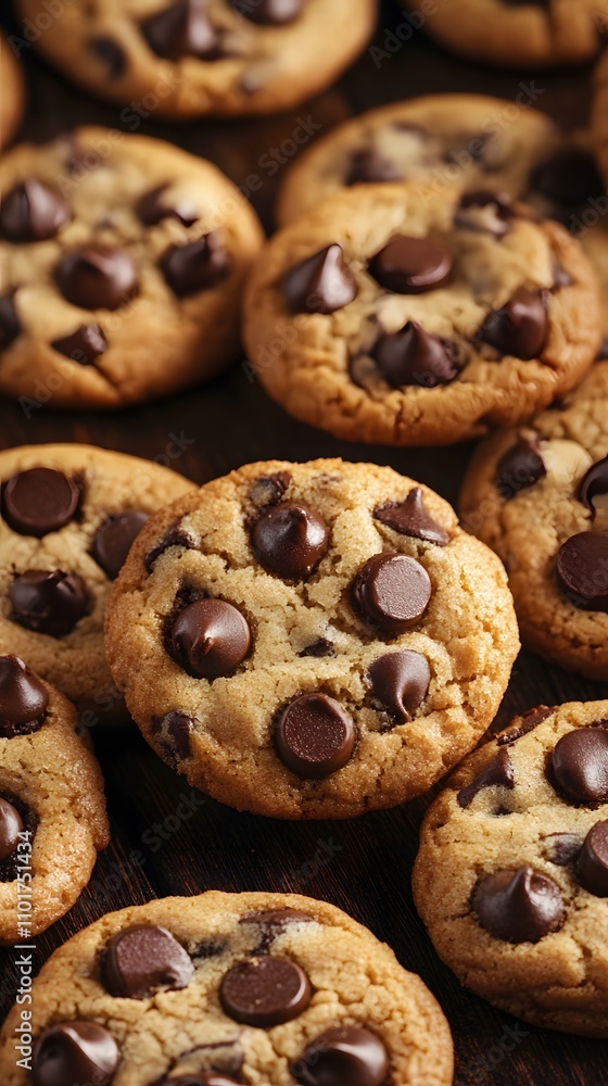 Delicious homemade chocolate chip cookies on a rustic wooden surface. Delicious homemade chocolate chip cookies on a rustic wooden surface.