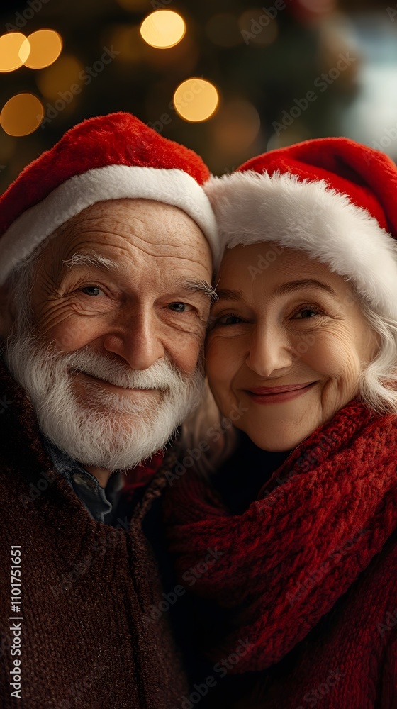Elderly couple smiling in festive Santa hats, enjoying Christmas together. Elderly couple smiling in festive Santa hats, enjoying Christmas together.