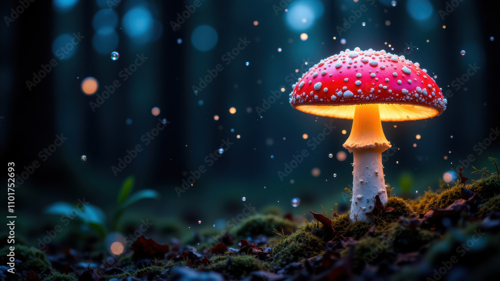 A vibrant red muscimol mushroom glowing under a dark forest canopy with magical floating sparkles. A vibrant red muscimol mushroom glowing under a dark forest canopy with magical floating sparkles.