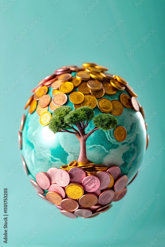 Coins Globe Green Tree Overlay Symbolizing Environmental Growth Finance Stock Photo Concept Coins Globe Green Tree Overlay Symbolizing Environmental Growth Finance Stock Photo Concept