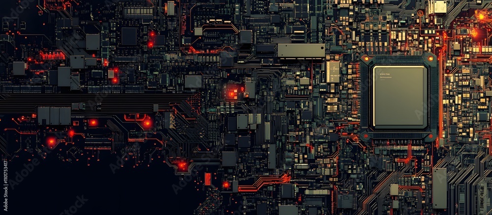 Close-up of a circuit board with glowing components. Close-up of a circuit board with glowing components.