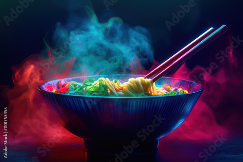 Vibrant Ramen Bowl with Hot Steam and Colorful Swirls, Perfect for Seasonal Celebrations and Festive Decor Inspired by Holiday Traditions