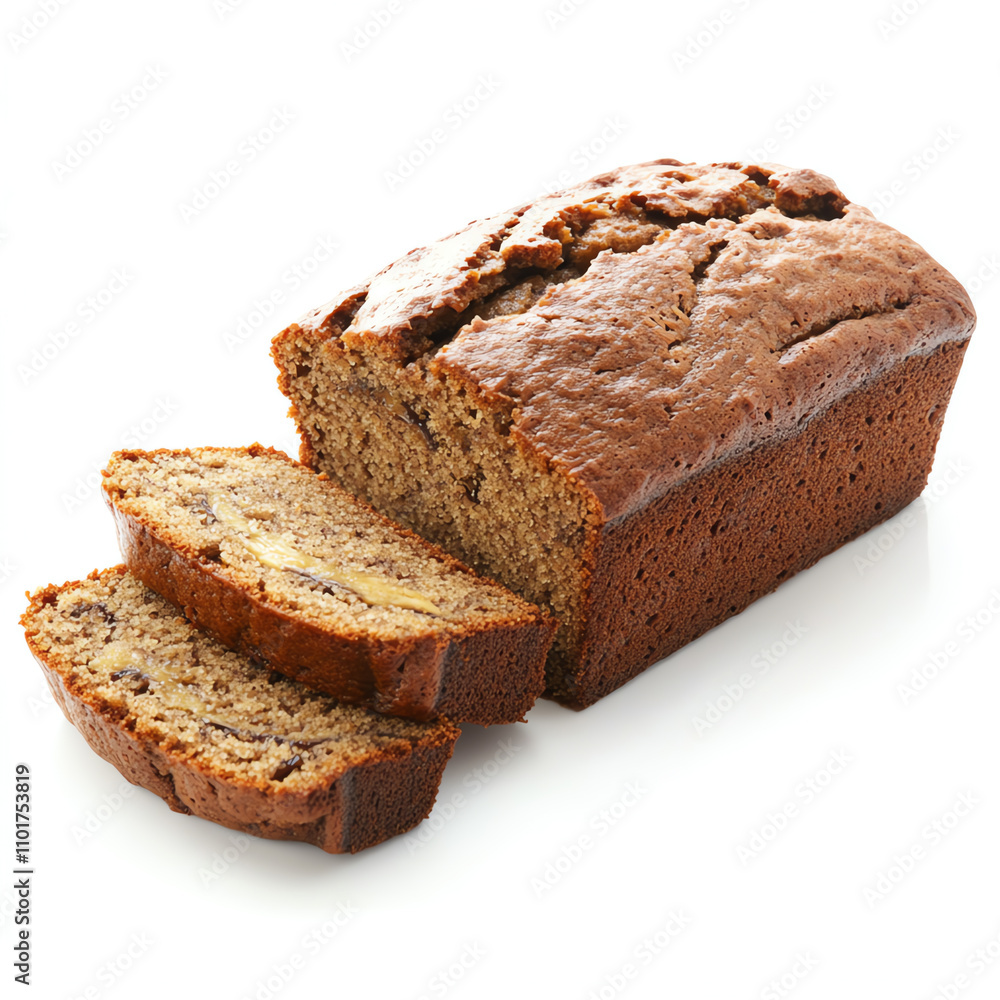 Freshly baked banana bread loaf with slices on a white background. Freshly baked banana bread loaf with slices on a white background.