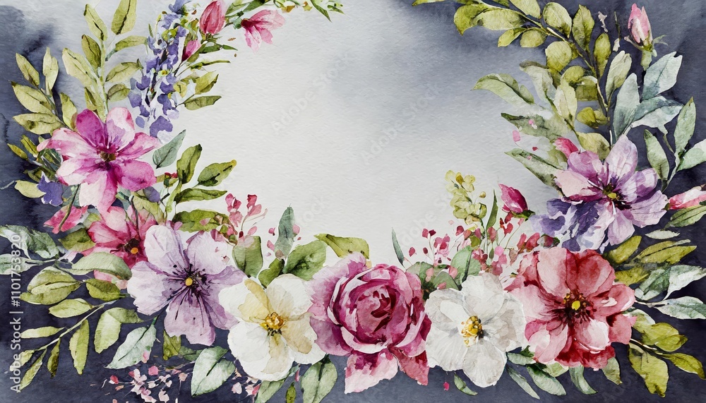 Fototapeta premium Elegant watercolor floral frame with soft pastel flowers, delicate greenery, and artistic brushstrokes, perfect for wedding invitations, greeting cards, digital designs, and elegant decor