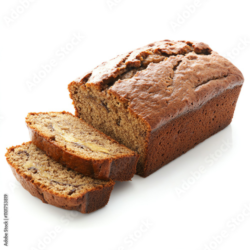 Freshly baked banana bread loaf with slices on a white background.