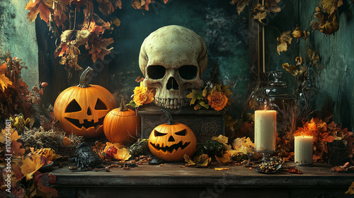 Spooky Halloween Still Life Pumpkins Skull Autumn Leaves