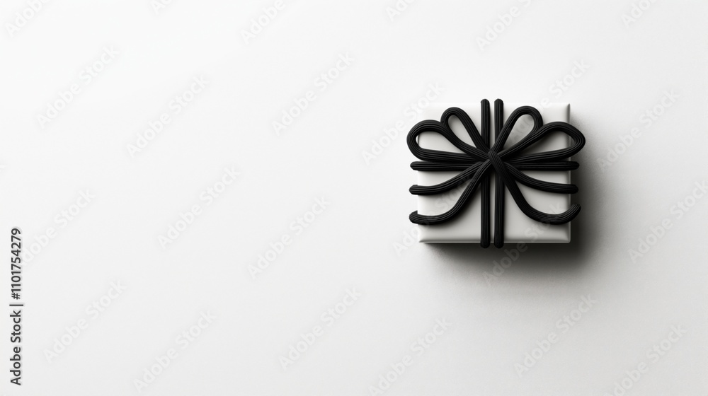 Naklejka premium Minimalist white gift box with a decorative black ribbon bow placed on a clean white background, showcasing elegance and simplicity.