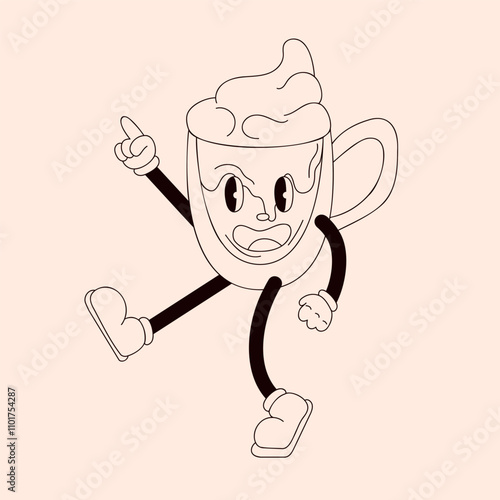 Playful groovy cartoon mug character with whipped cream in line art style. Perfect for retro or fun design.