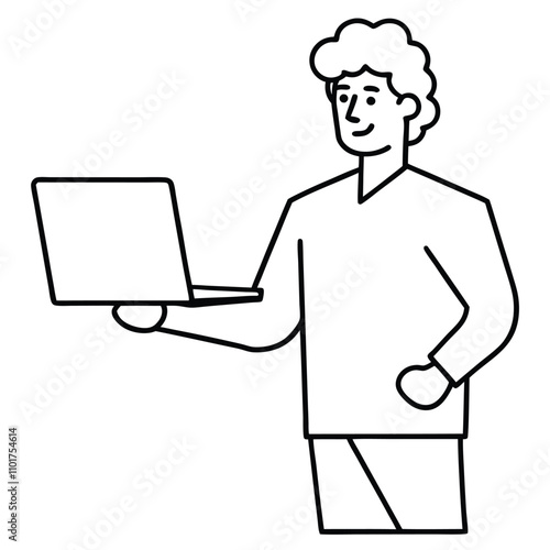 Man Holding Laptop for Presentation Line Art.