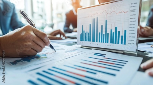 Business Hands Analyzing Charts and Graphs in Modern Office Setting