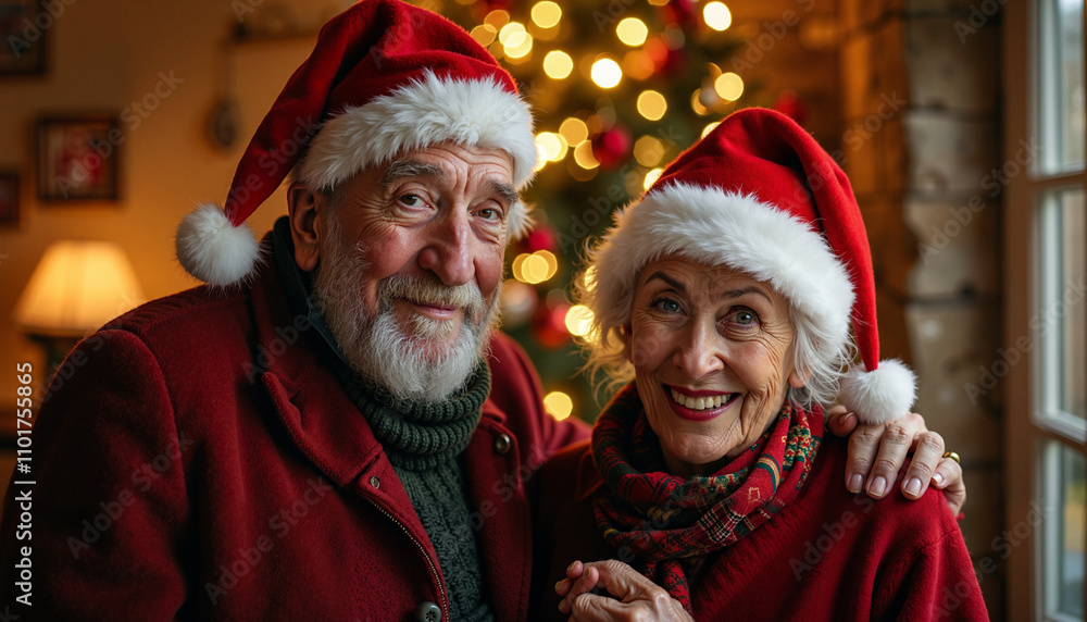 A senior couple wearing Santa hats smiles in front of a lit Christmas tree indoors. A senior couple wearing Santa hats smiles in front of a lit Christmas tree indoors.