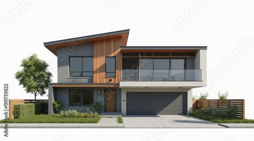 Modern Two-Story House With Gray and Wood Accents Featuring Large Windows and Parking Space. Generative AI