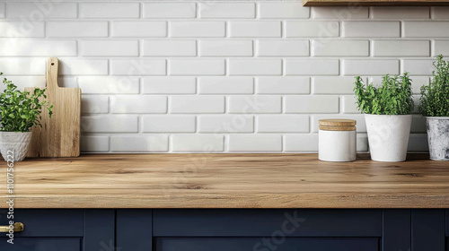A modern kitchen scene featuring a wooden countertop, white tiled backsplash, and potted herbs, creating a fresh and inviting atmosphere.