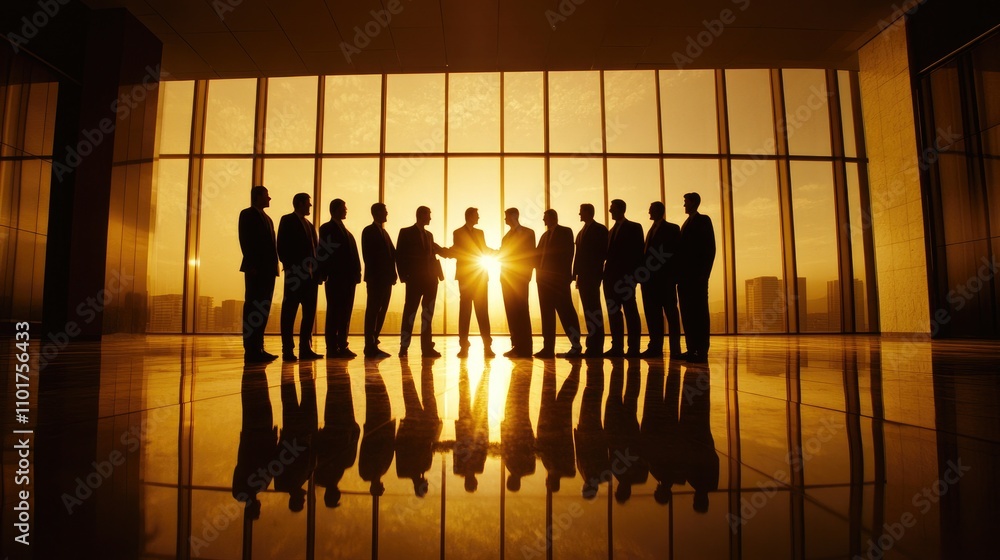 Business Team Collaboration Silhouette Against Sunset Background Business Team Collaboration Silhouette Against Sunset Background