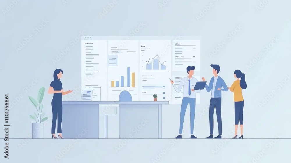 Business Team Collaborating on Data Presentation in Bright Office Business Team Collaborating on Data Presentation in Bright Office