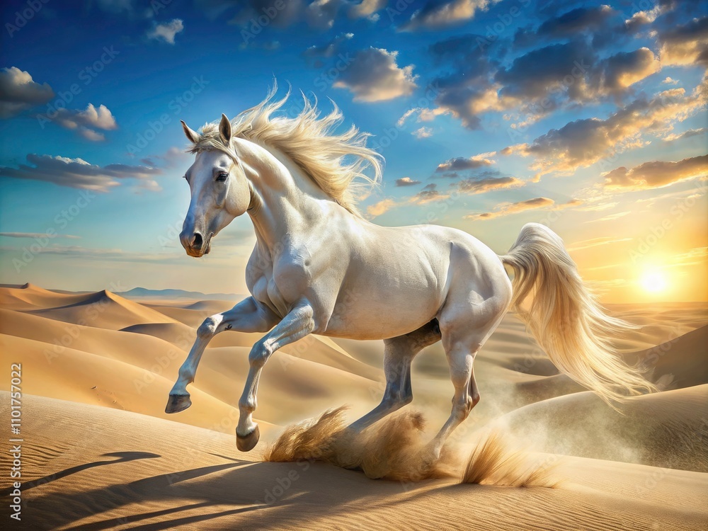 Magnificent White Horse Galloping in Desert Landscape Under Hot Sunlight - High Depth of Field, Vibrant Colors, Nature Photography, Equine Beauty, Scenic Desert View Magnificent White Horse Galloping in Desert Landscape Under Hot Sunlight - High Depth of Field, Vibrant Colors, Nature Photography, Equine Beauty, Scenic Desert View