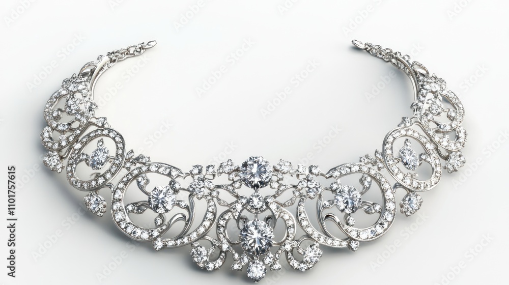 Elegant Diamond Necklace Ornate Silver Design Elegant Diamond Necklace Ornate Silver Design