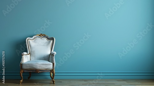 A chic accent chair in a cozy corner against a solid blue wall photo