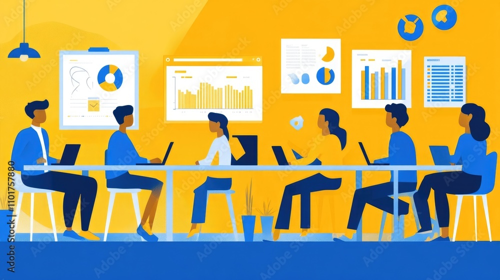 Team Collaboration in Modern Office with Data Presentation and Charts Team Collaboration in Modern Office with Data Presentation and Charts