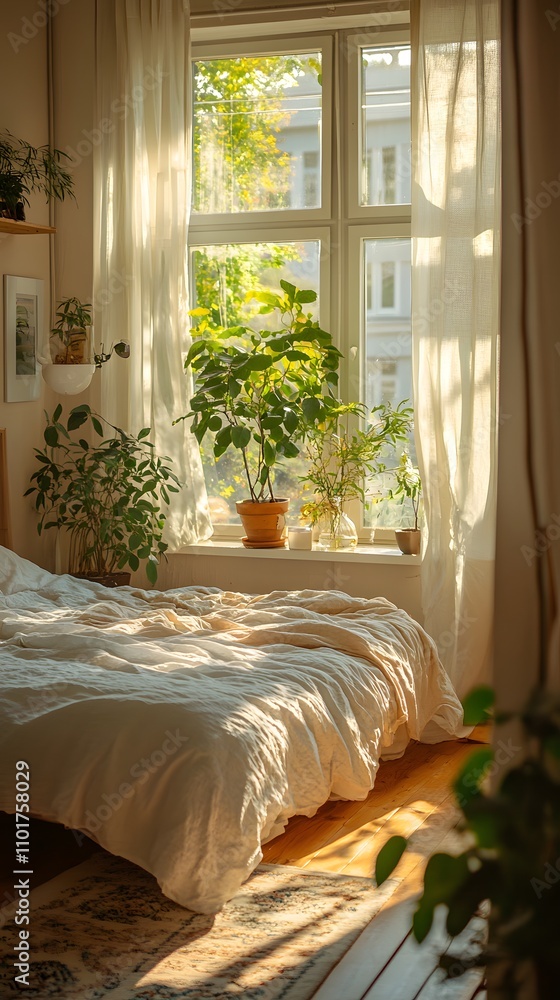 Bright, cozy bedroom with natural light and lush indoor plants. Bright, cozy bedroom with natural light and lush indoor plants.