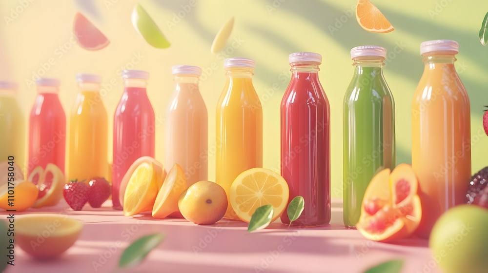 Organic juice bottles, made from fresh fruits, 3D illustration Organic juice bottles, made from fresh fruits, 3D illustration