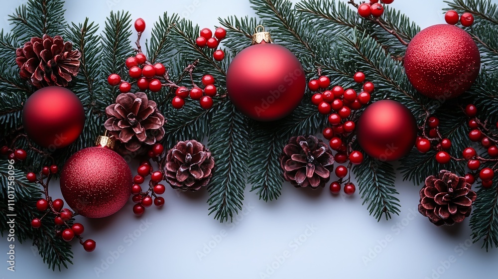Frosted Pine Branches with Red and Blue Christmas Ornaments on a Minimalist White Background 01 Frosted Pine Branches with Red and Blue Christmas Ornaments on a Minimalist White Background 01