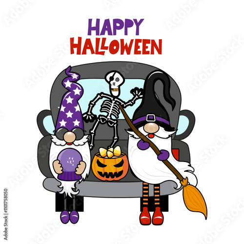 Happy Halloween - Pickup truck delivers gnomes. Design for markets, restaurants, flyers, cards, invitations, stickers, banners. Cute hand drawn hayride or old pickup truck.