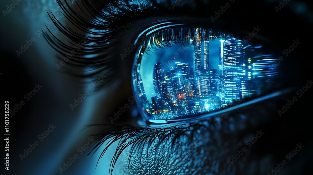 Close Up Robotic Eye Reflecting Futuristic City Skyline Macro Shot Science Fiction Advanced Technology Close Up Robotic Eye Reflecting Futuristic City Skyline Macro Shot Science Fiction Advanced Technology