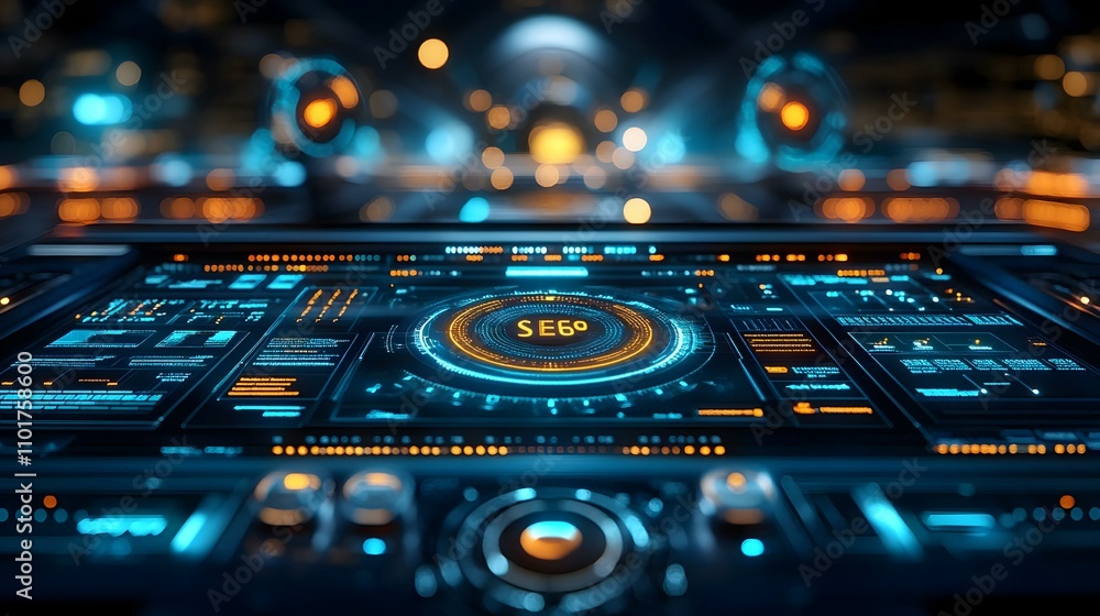 Fototapeta premium Macro Close-Up SEO Optimization Tools Computer Screen Digital Marketing Copy Space