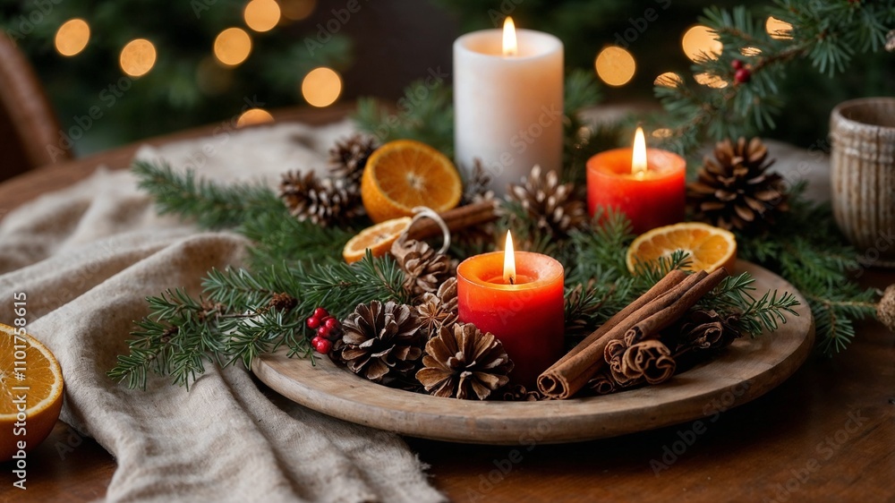 Christmas centerpiece decorating table with burning candles, pine cones and dried oranges. (Generative AI) Christmas centerpiece decorating table with burning candles, pine cones and dried oranges. (Generative AI)