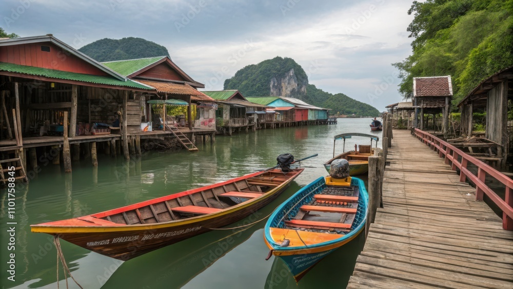 Boats Docked at Wooden Piers Near Traditional Houses in Koh Panyee, Phuket, Thailand. Generative AI Boats Docked at Wooden Piers Near Traditional Houses in Koh Panyee, Phuket, Thailand. Generative AI