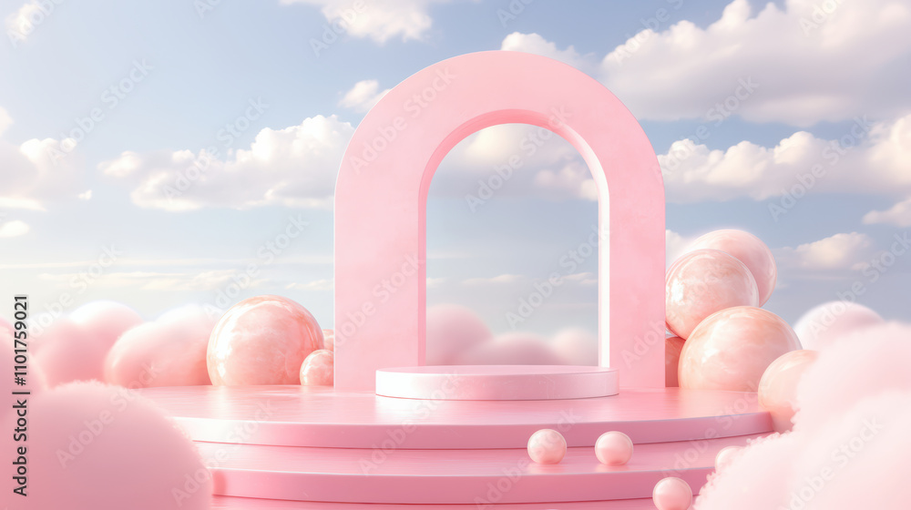 Surreal pink podium scene with arch and fluffy clouds in a dreamy sky, perfect for product display or branding. Surreal pink podium scene with arch and fluffy clouds in a dreamy sky, perfect for product display or branding.