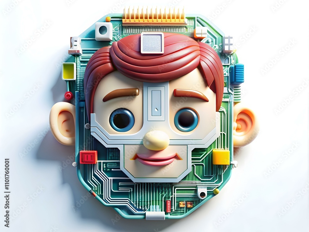 Naklejka premium Macro Image Circuit Board Human Face Integration Technology Identity Photo Stock Concept with Text Space